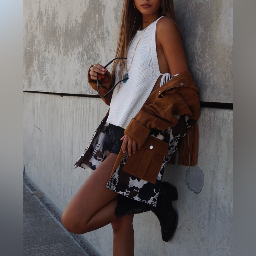 Cow Print Fringe Suede Studded Jacket - Picture 6 of 6
